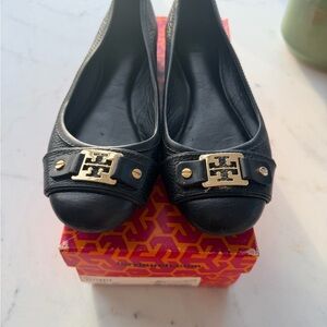 Tory Burch Clines Black Leather Flats with Gold Logo